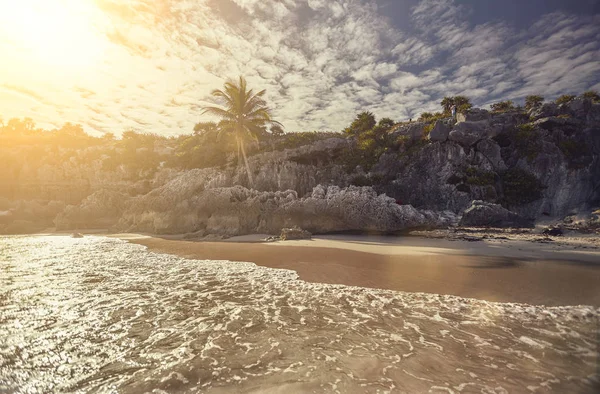 Wonderful Front View Tulum Archaeological Complex Mexico Beach Sunset Reflection — Stock Photo, Image