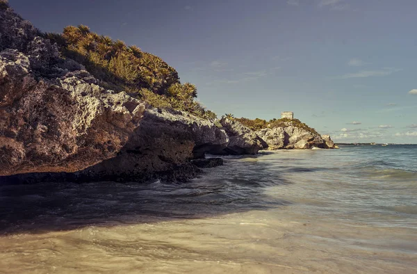 Detail Rock Meets Water Sea Tulum Beach Mexico — Stock Photo, Image