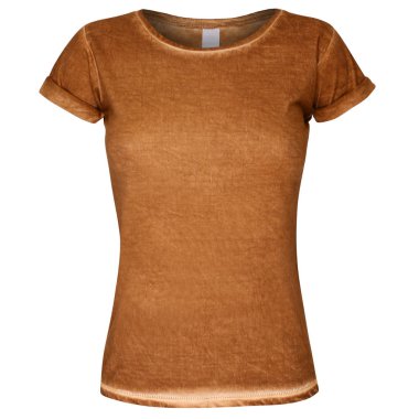 Beyaz arka plan üzerinde izole kahverengi kadın kesim t-shirt ön