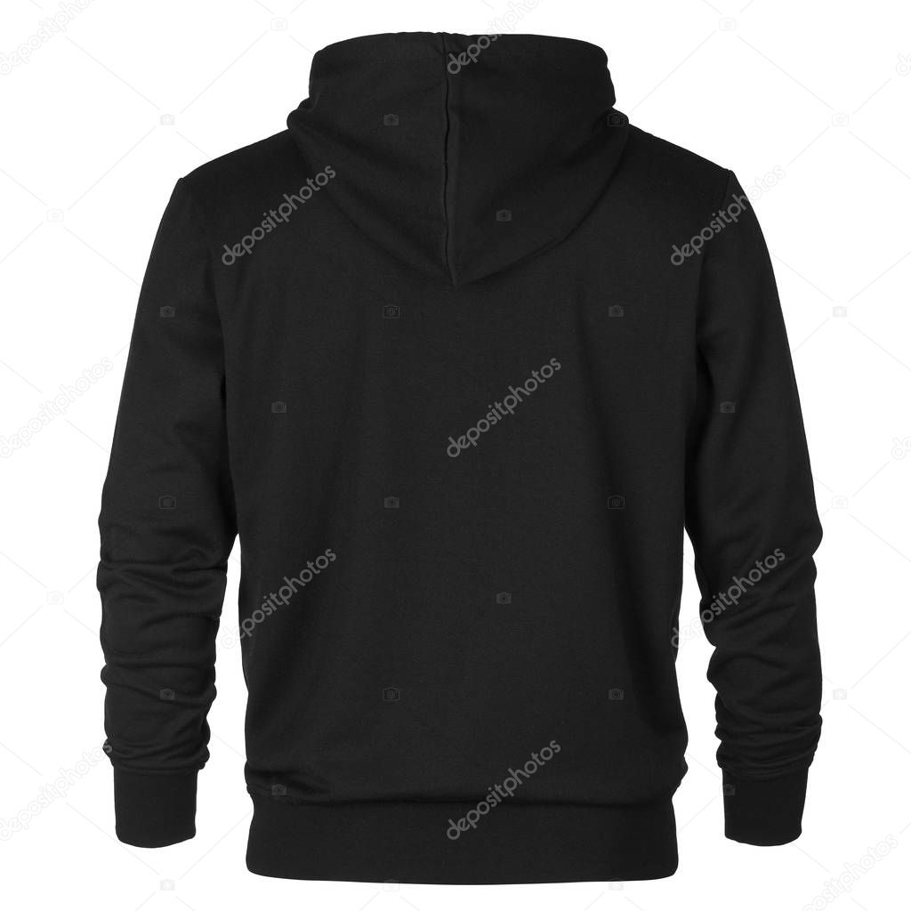 Back of black sweatshirt with hood isolated on white background 