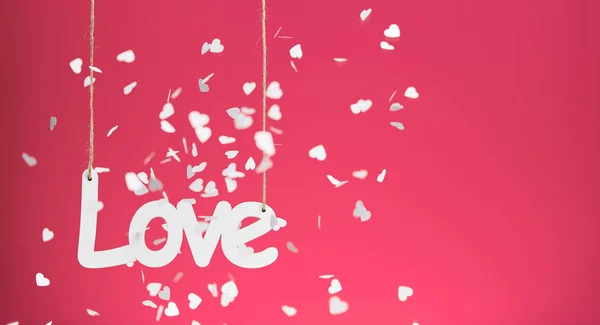 White love sign with falling confetti on red background
