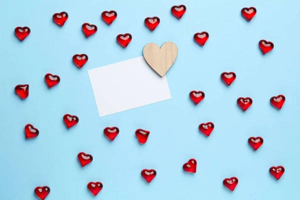 Plain Blue Background Frame Made Little Red Hearts White Message — Stock Photo, Image