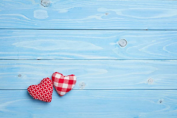 Wooden Blue Background Two Little Red Heart — Stock Photo, Image