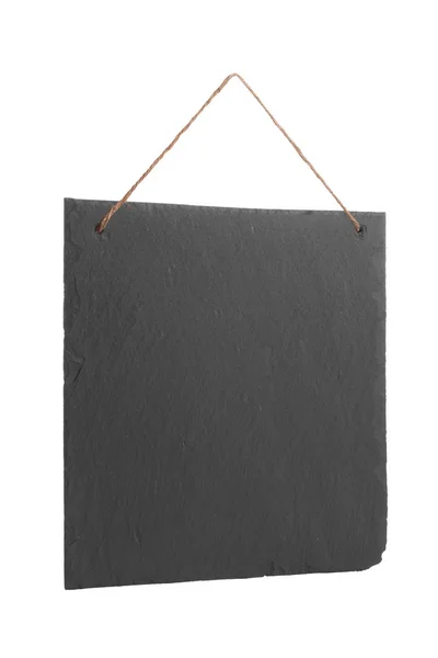 Placa Pizarra Negra Colgante Aislada Sobre Fondo Blanco —  Fotos de Stock
