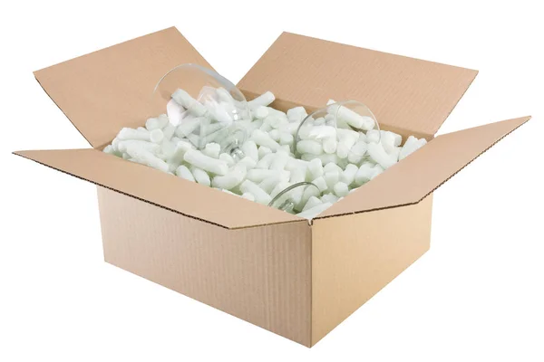 Box Für Die Auslieferung Vorbereitet Mit Glas Isoliert Auf Weißem — Stockfoto