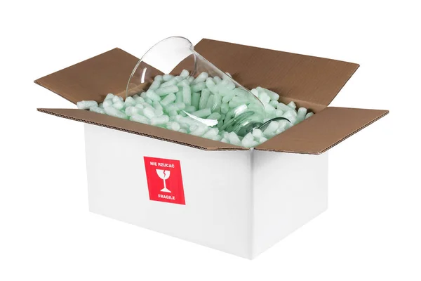 Box Förberedd För Leverans Med Glas Isolerat Vit Bakgrund — Stockfoto