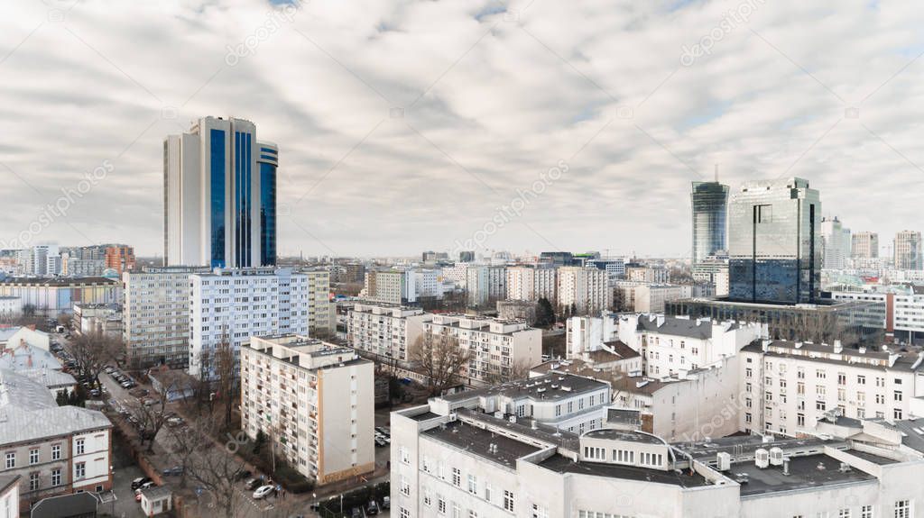 WARSAW, POLAND - JANUARY 5, 2018. Aerial drone view from above of city center skyline