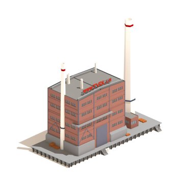 İzometrik kırmızı tuğla sanayi ya da fabrika binası illüstrasyon izole beyaz arka plan üzerinde düz 3d model.