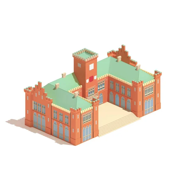 Platte Model Isometrische Kasteel Universiteit Gebouw Illustratie Geïsoleerd Witte Achtergrond — Stockfoto