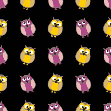 Siyah arkaplanda baykuşlar olan döşeme vektör deseni