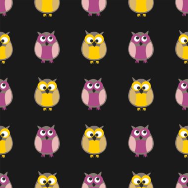 Siyah arkaplanda baykuşlar olan döşeme vektör deseni