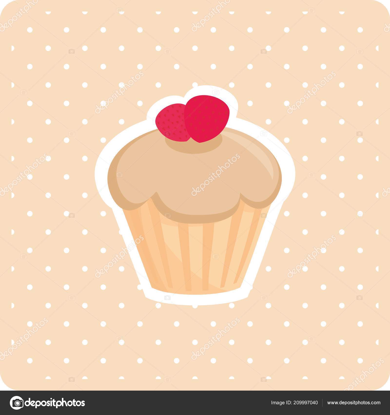 Sweet Vector Cupcake Red Cherry White Polka Dots Pink Background Stock Sweet Vector Cupcake Red Cherry White Polka Dots Pink Background Stock