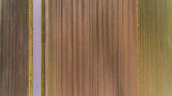 Gepflügtes Feld Mit Furchen Ackerland Mit Draufsicht Aus Der Luft — Stockfoto