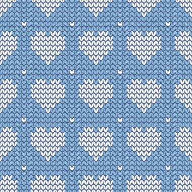 Mavi zemin üzerine beyaz yürekleri vektör desen örgü döşeme