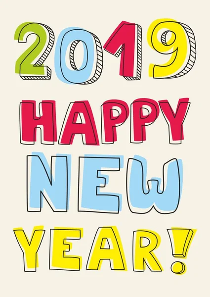 幸せな新しい年 2019年手書きベクトル カラフルな記号 — ストックベクタ