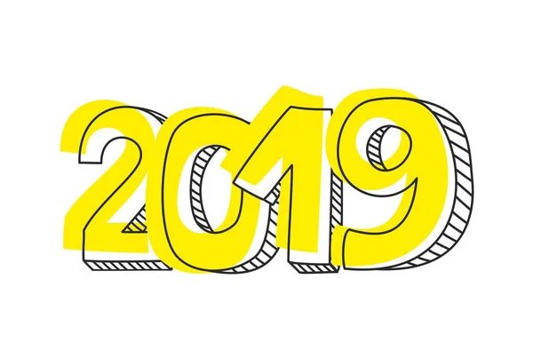 2019年新年手绘矢量符号或涂鸦数字符号草案与黄色荧光笔 突出显示在白色背景上隔离的消息 — 图库矢量图片
