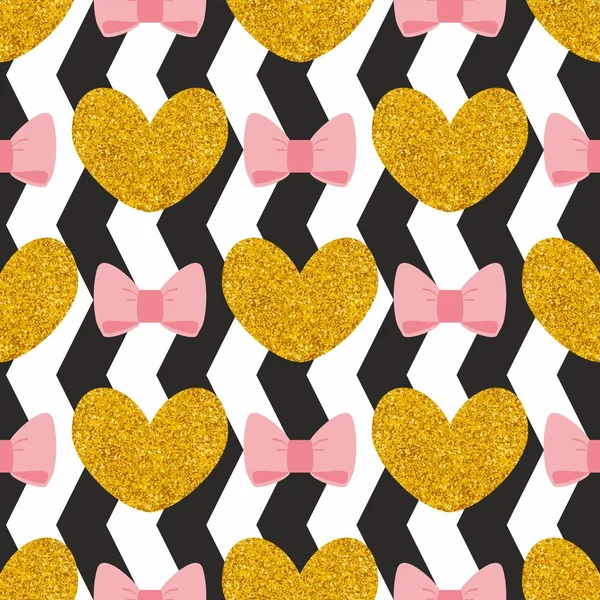 无缝的向量样式与金黄心脏和柔和的粉红色弓在一个黑色和白色的拉链拉链条纹背景 — 图库矢量图片