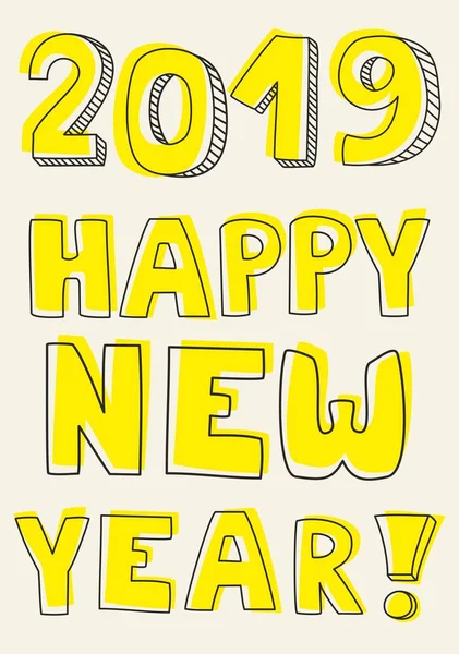 幸せな新しい年 2019年手書き黄色いベクトル記号 — ストックベクタ