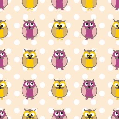 Baykuşlar ve lekeli pembe bir arka plan üzerinde döşeme vektör deseni