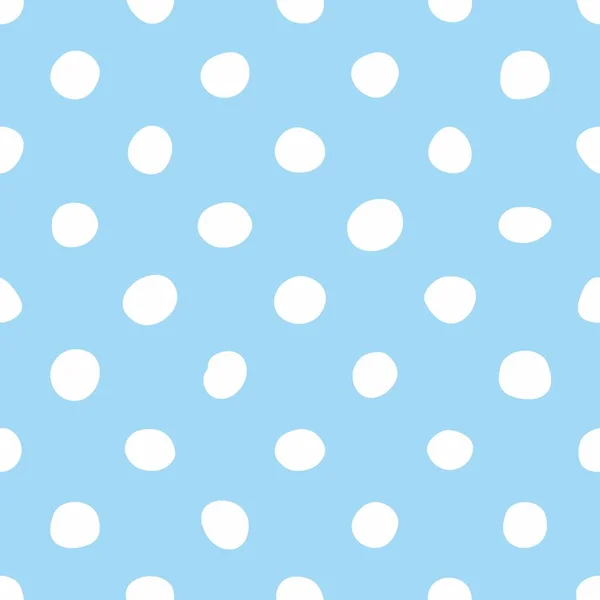 平铺在柔和的蓝色背景上的白色波尔卡圆点的矢量模式 — 图库矢量图片