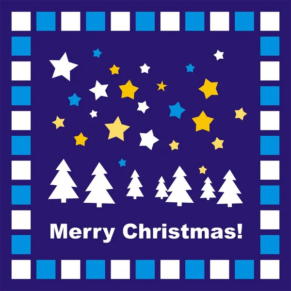 Merry Christmas Card Firs Stars Blue Background — Stock Vector