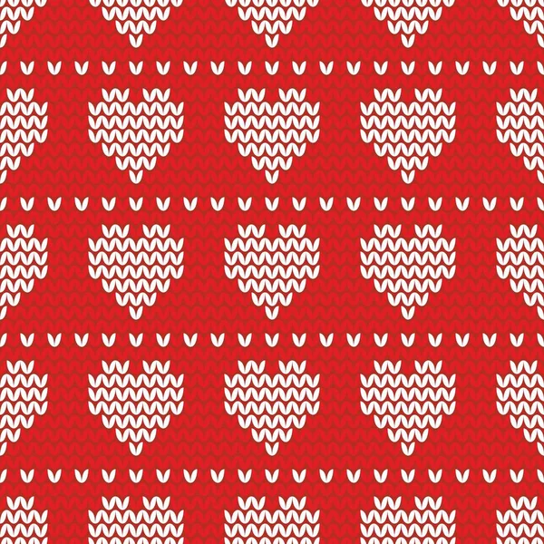 ベクトル パターンと装飾壁紙の赤の背景に白いハートを編みタイル — ストックベクタ