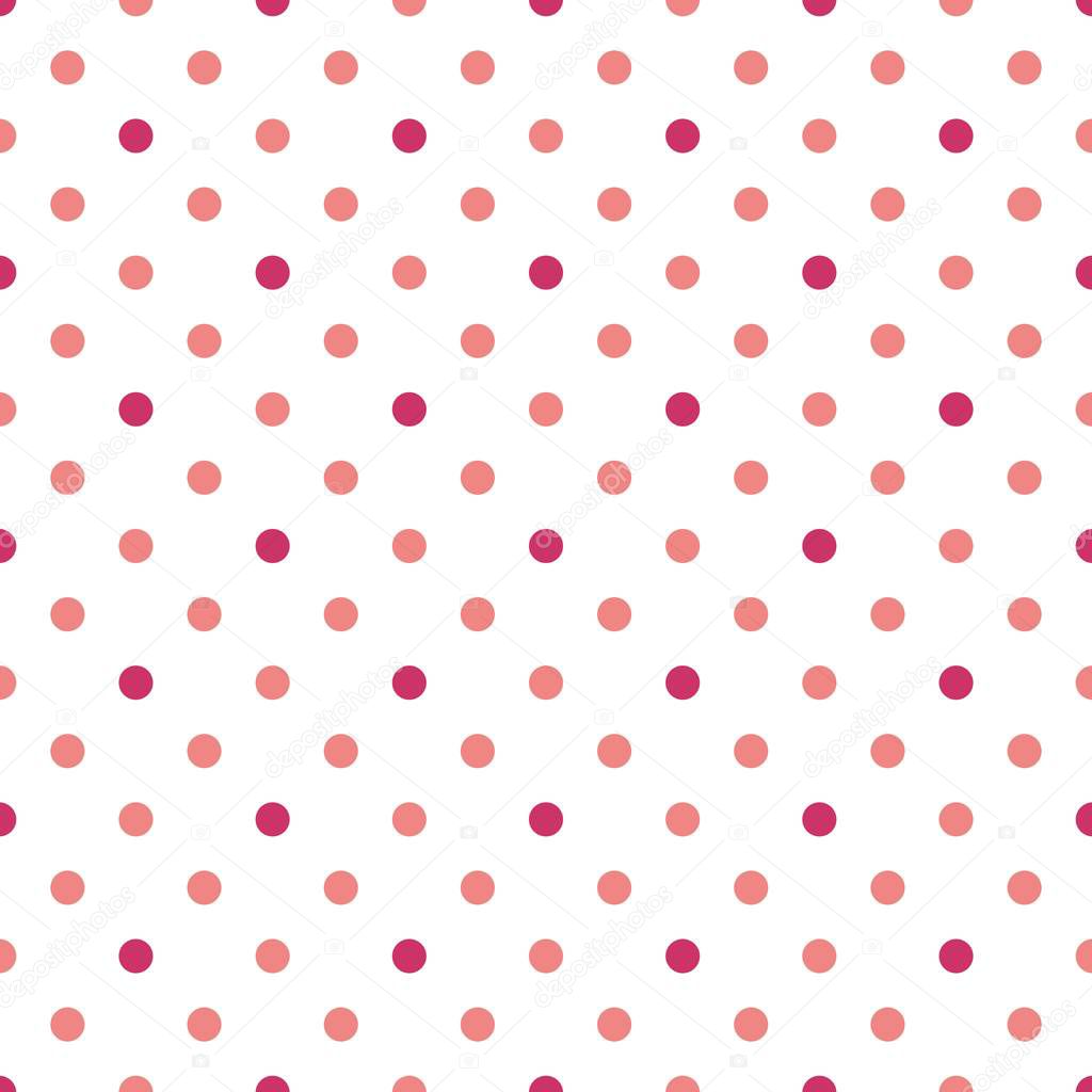 Seamless vector pattern with pink polka dots on a white background. For cards, albums, backgrounds, arts, crafts, fabrics, decorating or scrapbooks.