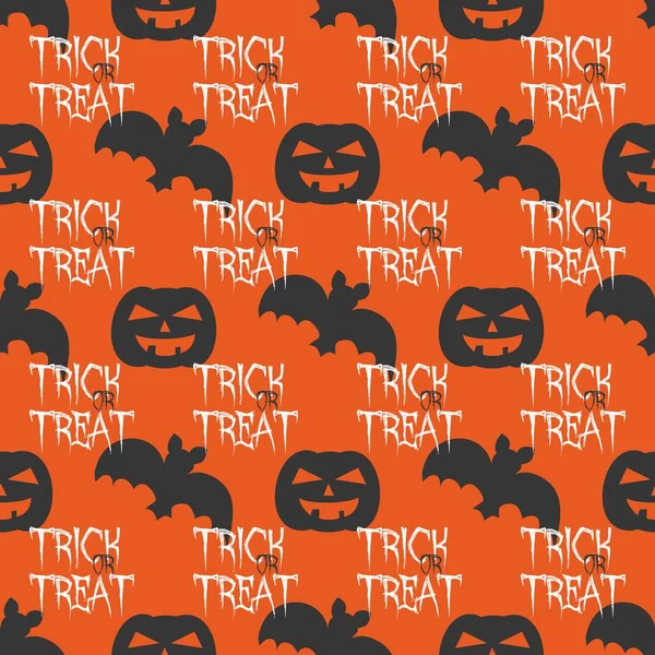 Halloween Tile Vector Pattern Trick Treat Text Bat Pumpkins Orange — Stock Vector