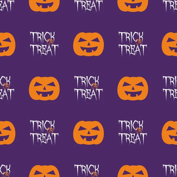 Halloween Tile Vector Pattern Trick Treat Text Pumpkins Violet Background — Stock Vector