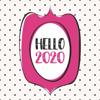 2020 yılında el çizimi pembe çerçeve tasarım kartı pastel polka arka plan üzerinde