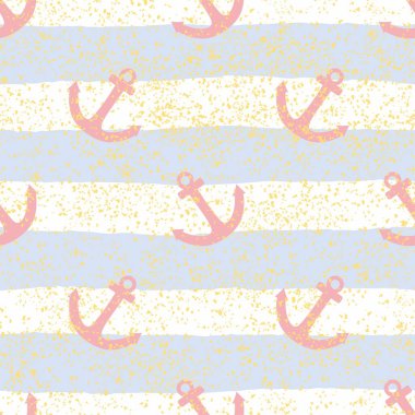 Pastel mavi ve beyaz çizgili karo denizci vektör deseni, dikişsiz duvar kağıdı arka planı için altın toz ve pembe çapa