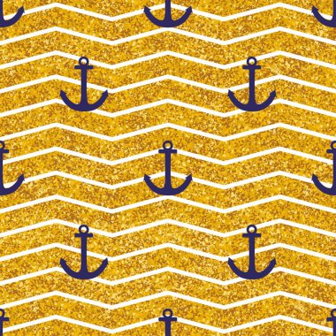 Beyaz çizgili karo denizci vektör deseni, altın arkaplan ve pürüzsüz duvar kağıdı için mavi çapa