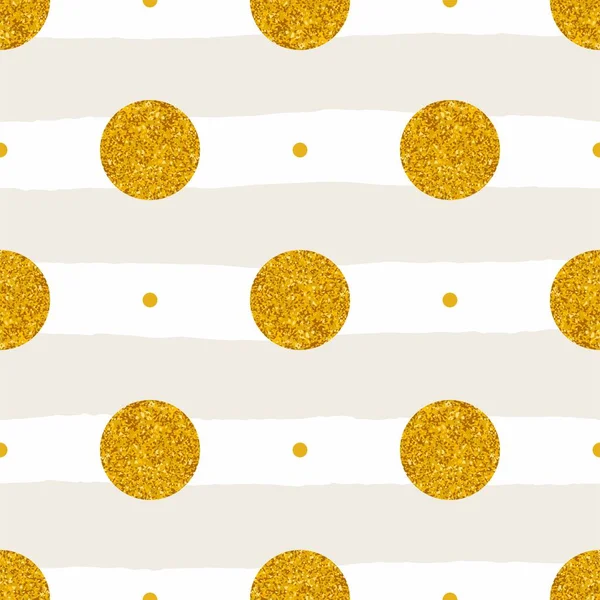 パステルベージュと白のストライプと金色の水玉模様のタイルベクトルパターン背景 — ストックベクタ