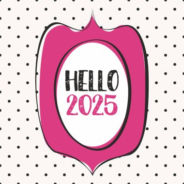 Merhaba. Gri arkaplanda siyah benekli pembe vektör işareti.