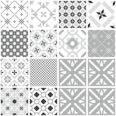 Geleneksel Lizbon Portekiz seramik fayans vektör desenleri kümesi. Döşeme gri, siyah ve beyaz desen koleksiyonu veya pürüzsüz arka plan duvar kağıdı