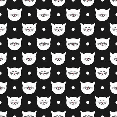 Beyaz kedili döşeme vektör deseni ve siyah arkaplandaki benekler