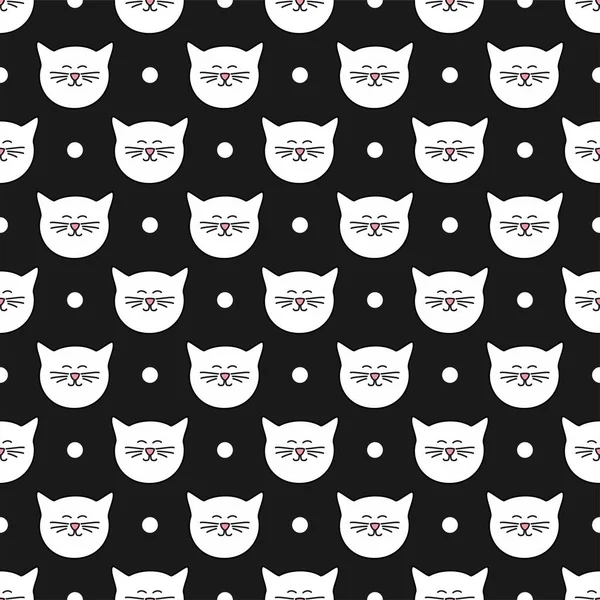 Patrón Vectorial Azulejos Con Gatos Blancos Lunares Sobre Fondo Negro — Archivo Imágenes Vectoriales