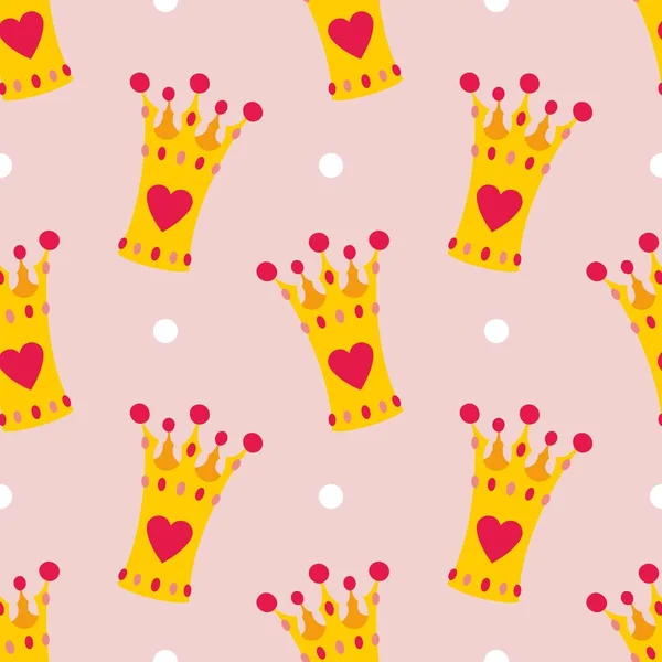 王冠とポルカドットシームレスベクトル背景やタイルピンクのパターン — ストックベクタ