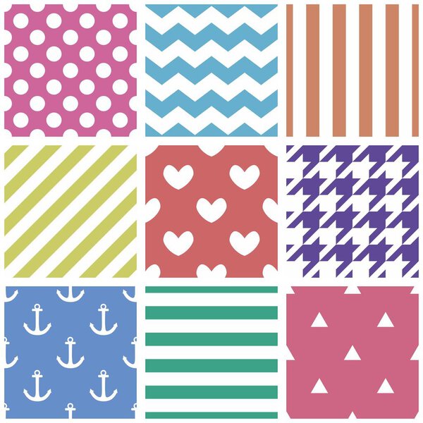 Tile colorful vector pattern set with polka dots, hearts, triangle, hounds tooth, zig zag and stripes background