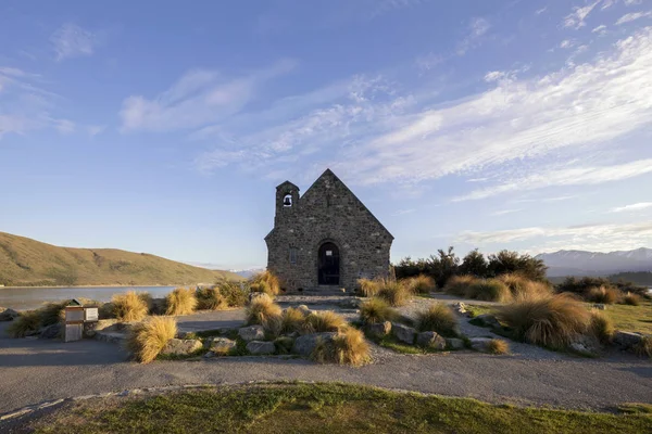 Church of Good Shepherd on blue sky background at daytime, Lake Tekapo, New Zealand
