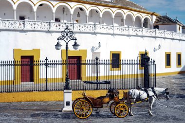 Horse and carriage standing outside the Seville bullring, Seville, Spain clipart