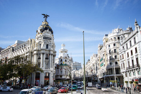 MADRID, SPAIN - NOVEMBER 12TH, 2012: Metropolis building in Madrid, Spain. This famous building was constructed in 1911 by French architects Jules and Raymond Fevrier in new Renaissance style