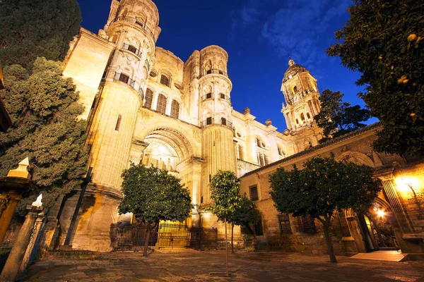 Vista Nocturna Catedral Málaga Sobre Fondo Del Cielo España —  Fotos de Stock