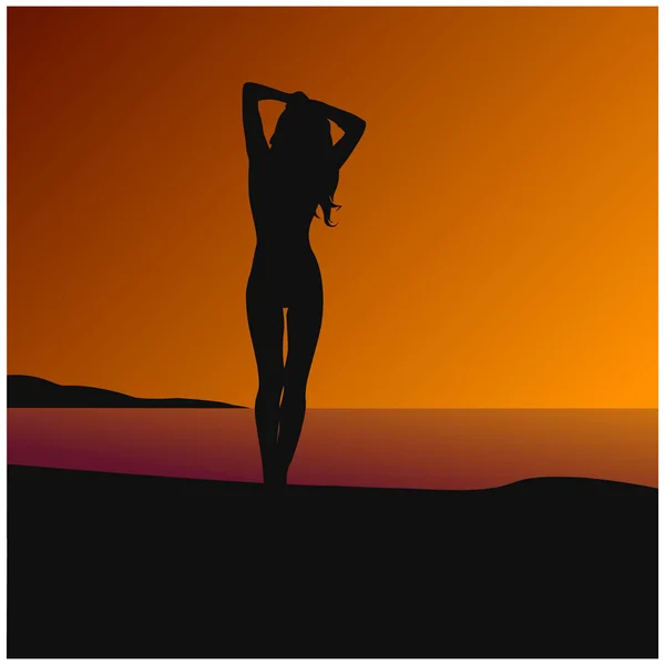 在日落时 一个女人在海滩上的轮廓的矢量插图 — 图库矢量图片