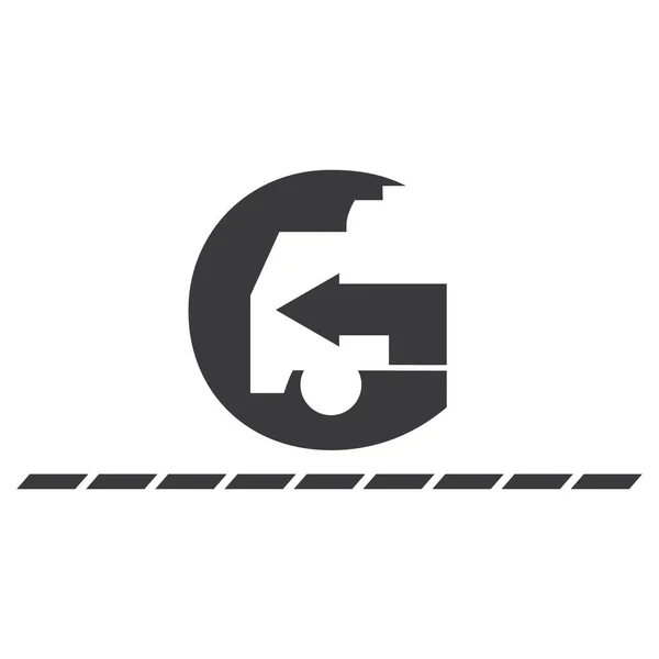 Icono de la ilustración letra g camión y flecha espacio negativo - vector aislado icono negro — Vector de stock