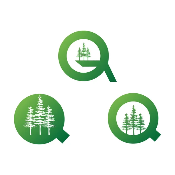 Ilustração moderna letra q e três pinheiros cor verde conjunto — Vetor de Stock
