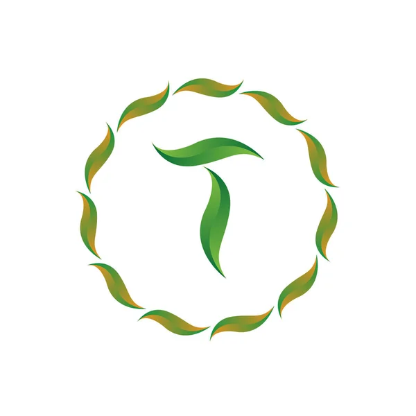 Vetor ilustração letra t com folha e círculo natureza ícone logotipo design cor verde — Vetor de Stock