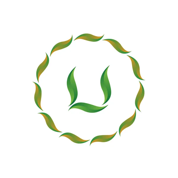 Lettera di illustrazione vettoriale u con foglia e cerchio icona della natura logo design colore verde — Vettoriale Stock