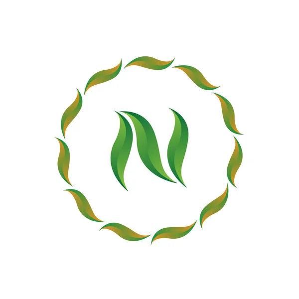 Vetor ilustração letra n com folha e círculo natureza ícone logotipo design cor verde — Vetor de Stock