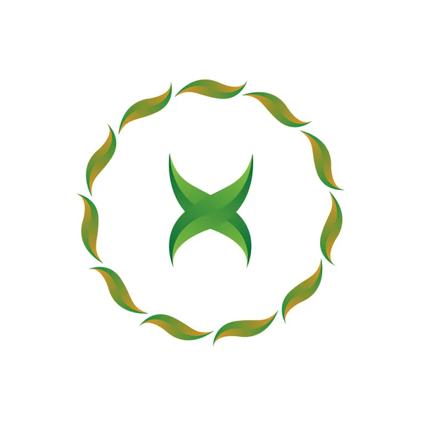 Lettera di illustrazione vettoriale x con foglia e cerchio icona della natura logo design colore verde — Vettoriale Stock